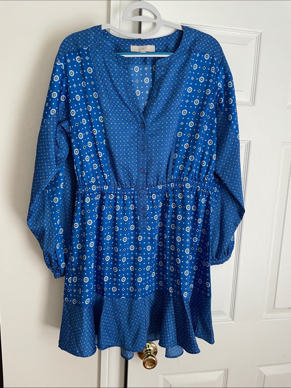 LOFT Royal Blue Printed Button-Front Peasant Dress